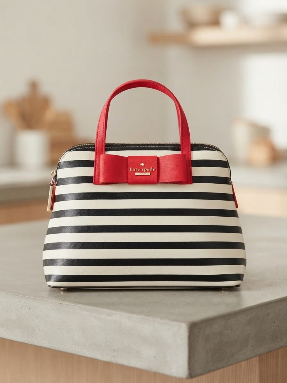 Kate Spade Navy & White Stripe Red Bow Satchel